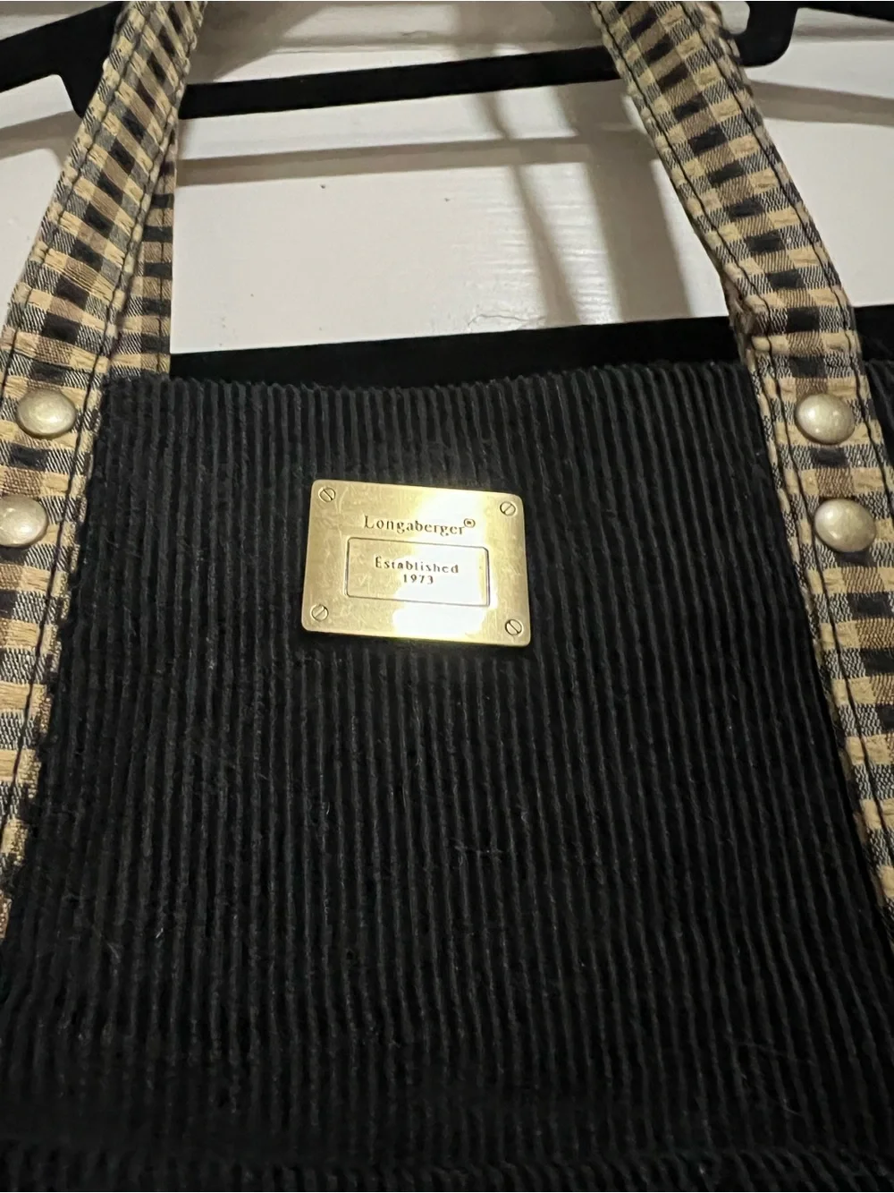 Longaberger Black Corduroy Tote with Beige Plaid Trim vintage